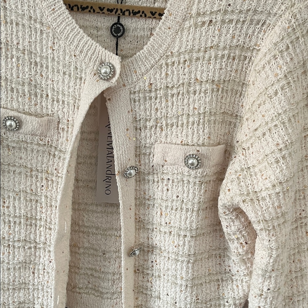 Catherine Malandrino Women's Cream Textured Cardigan with gold inlays nwt - Picture 4 of 6